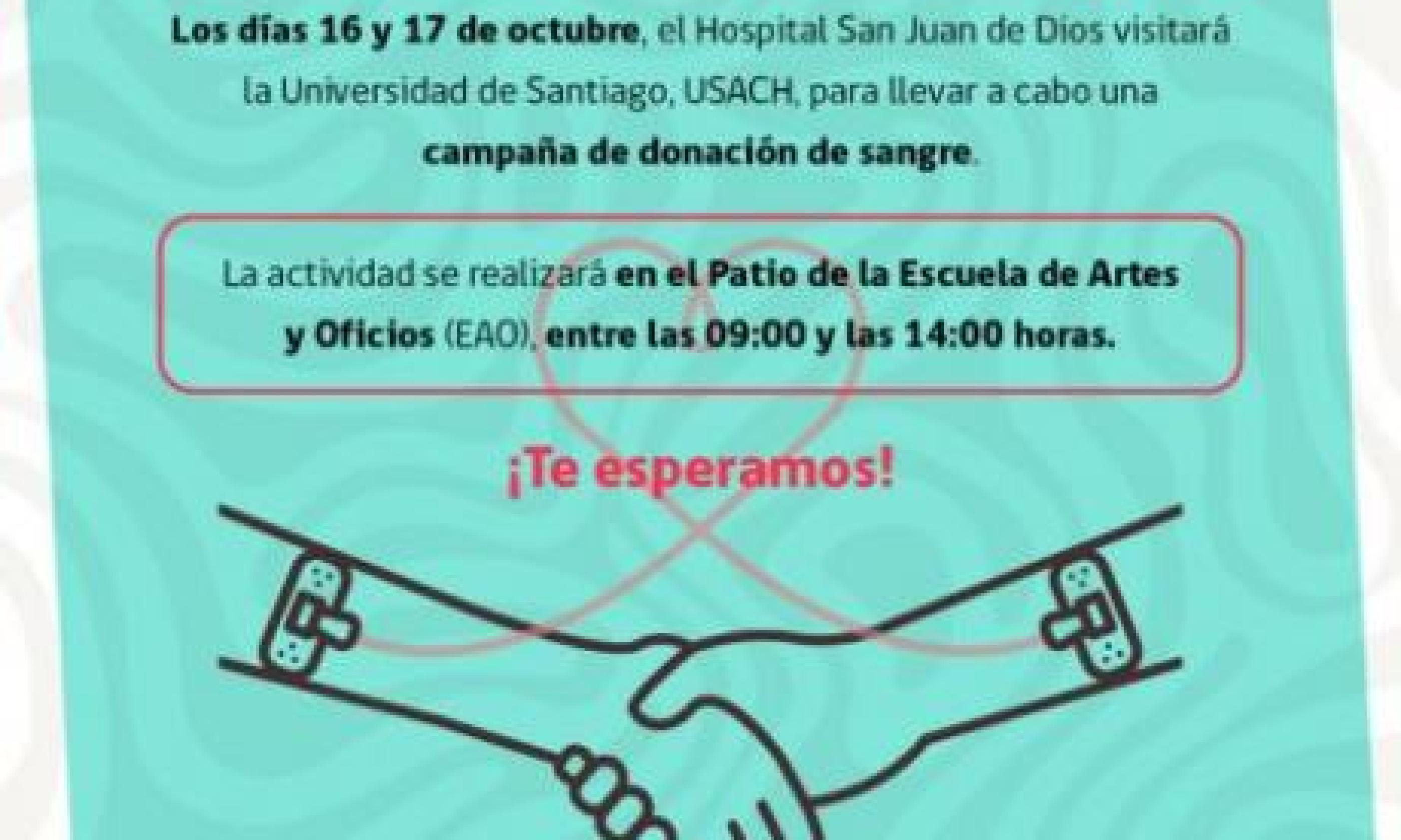 Hospital San Juan de Dios inicia campaña de donación de sangre el próximo 16 y 17 de octubre en la USACH